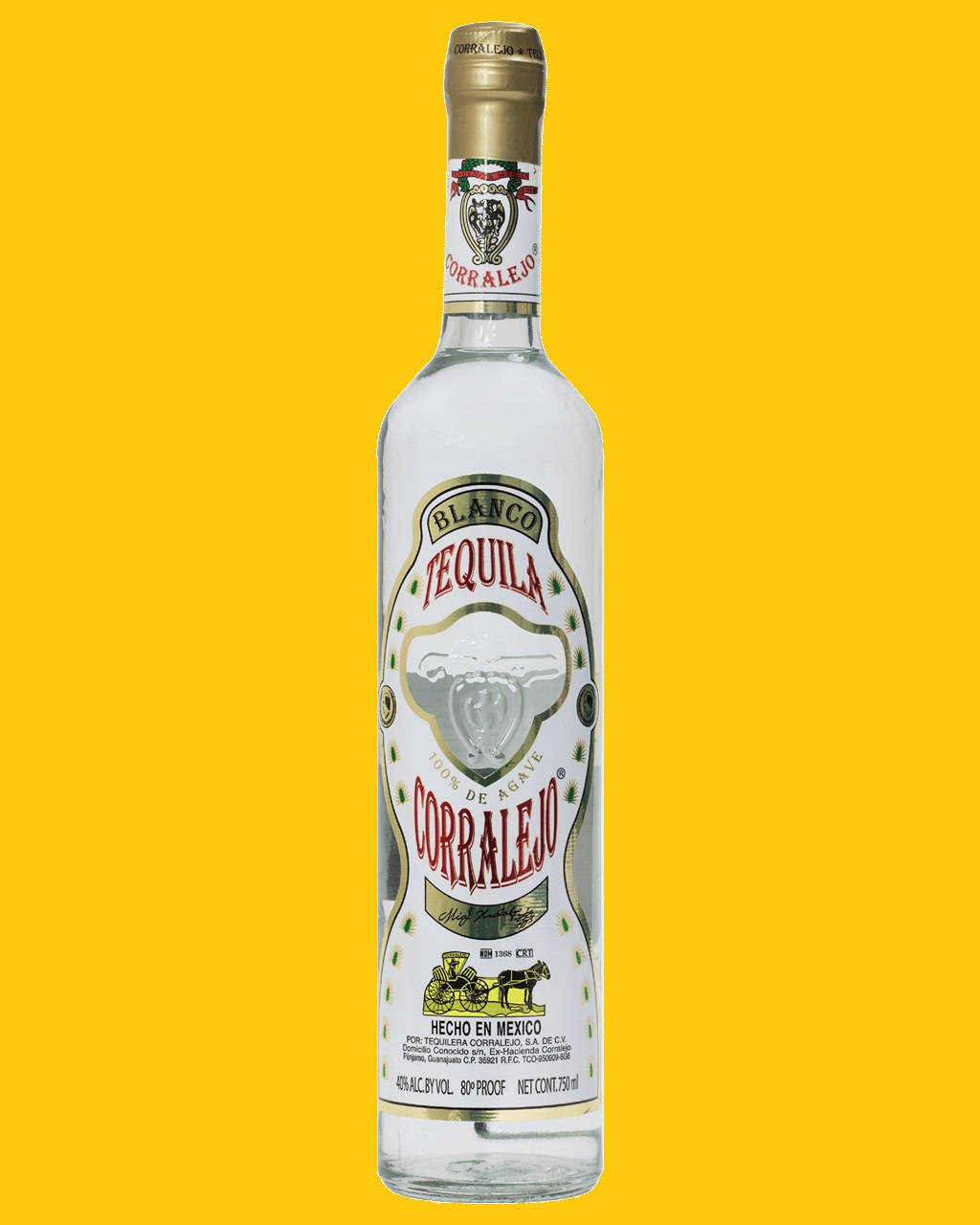 bottle 桌布 壁紙 — 一瓶透明的 Corralejo Blanco Tequila 酒瓶居中放置在鮮黃色背景上。