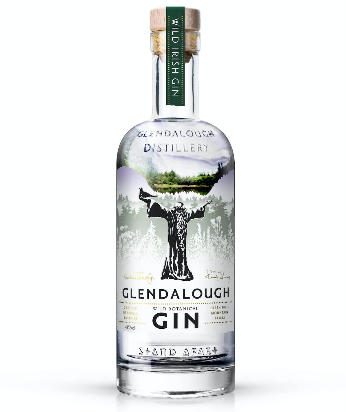 drinks 桌布 壁紙 — 一瓶透明的 Glendalough Wild Irish Gin 玻璃瓶，標籤上有一個穿著長袍的人物黑色剪影，背景是風景如畫的山景。
