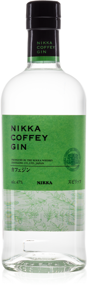Gin 桌布 壁紙 — 一瓶透明的 Nikka Coffey Gin，帶有綠色標籤和植物插圖，背景為白色。