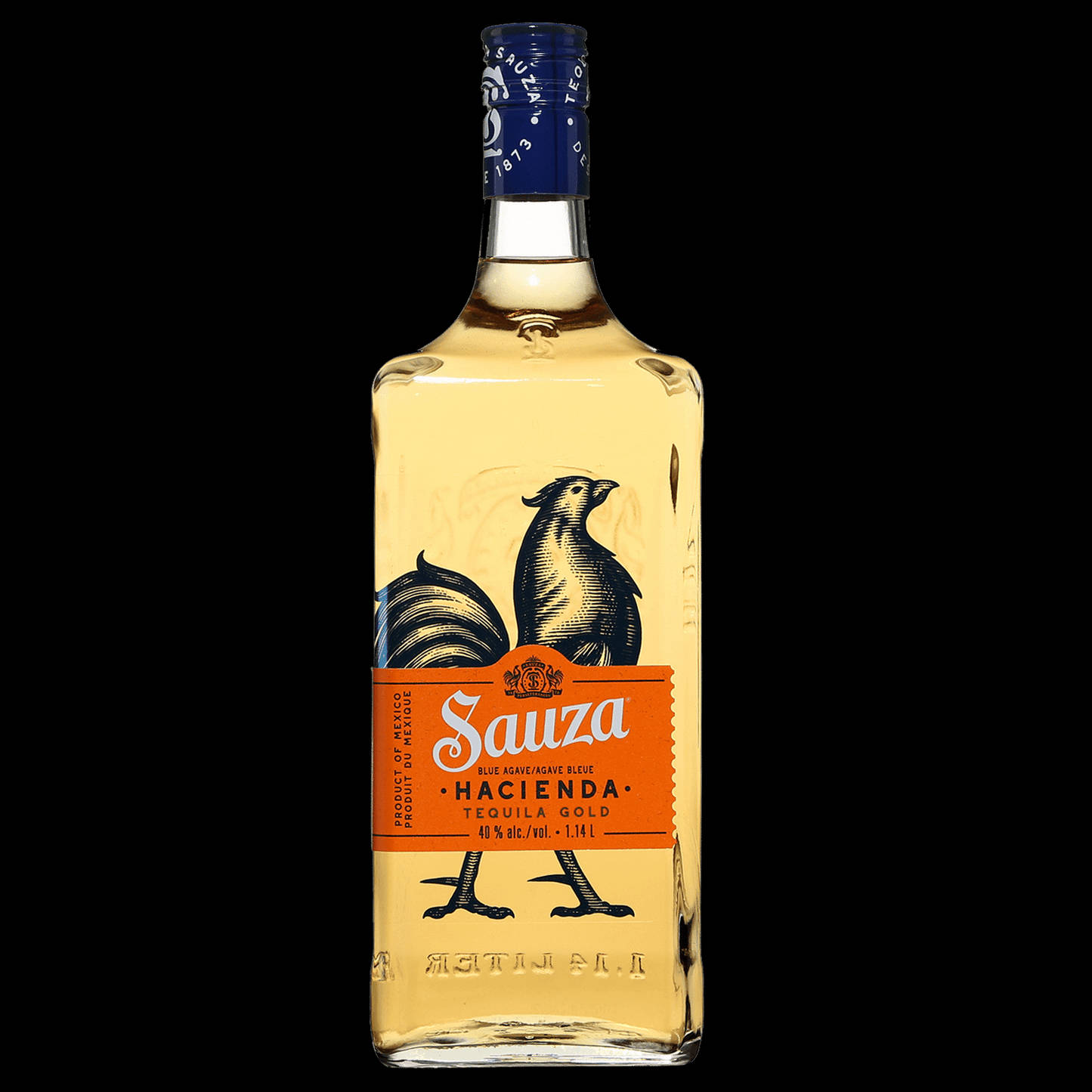 alcohol 桌布 壁紙 — 一瓶透明的 Sauza Hacienda Tequila Gold，帶有公雞插圖，置於純黑背景中央。