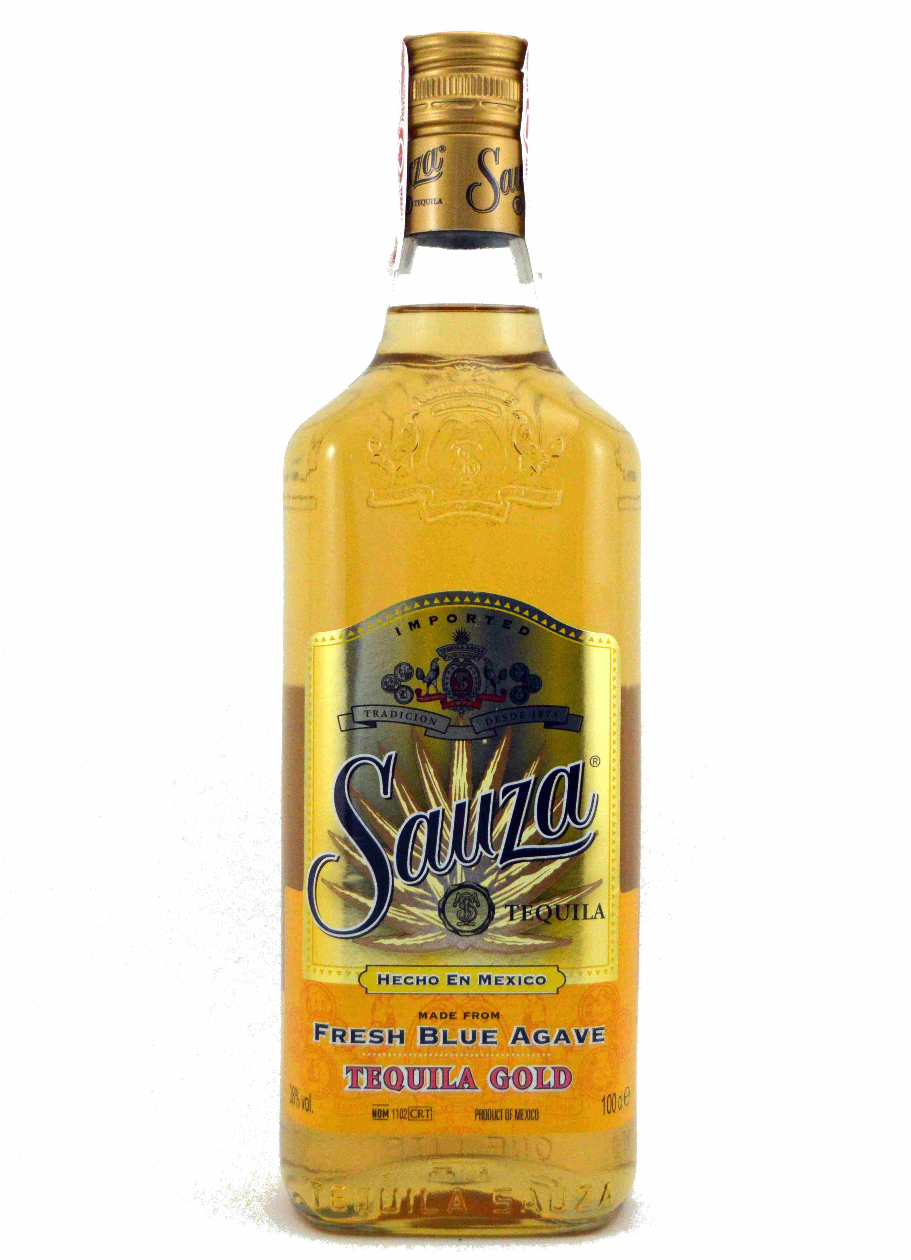 bottle 桌布 壁紙 — 一瓶透明的 Sauza Tequila Gold，內有金色液體和華麗標籤，立在純白背景前。