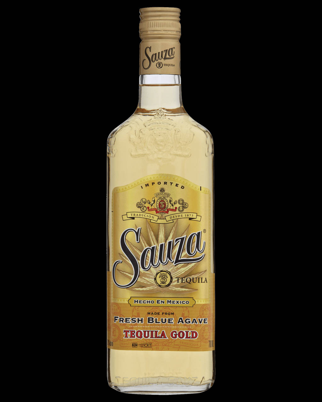 高清 桌布 壁紙 — 一瓶透明的 Sauza Tequila Gold 酒瓶居中放置於純黑背景上，金色標籤在攝影棚燈光下閃閃發光。