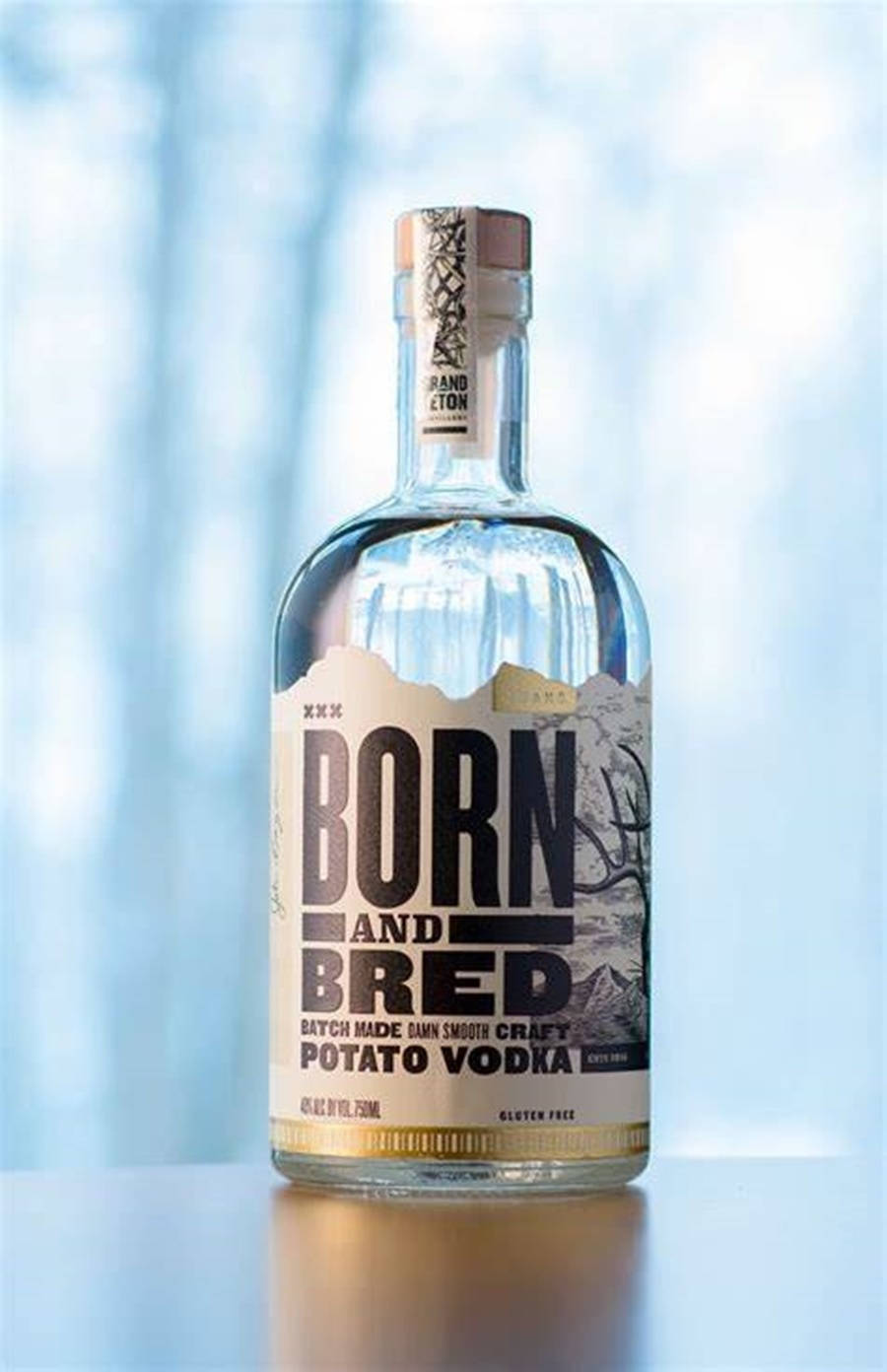 bottle 桌布 壁紙 — 一瓶透明的Born and Bred馬鈴薯伏特加玻璃瓶放置在反光表面上，背景是柔和的藍色模糊效果。