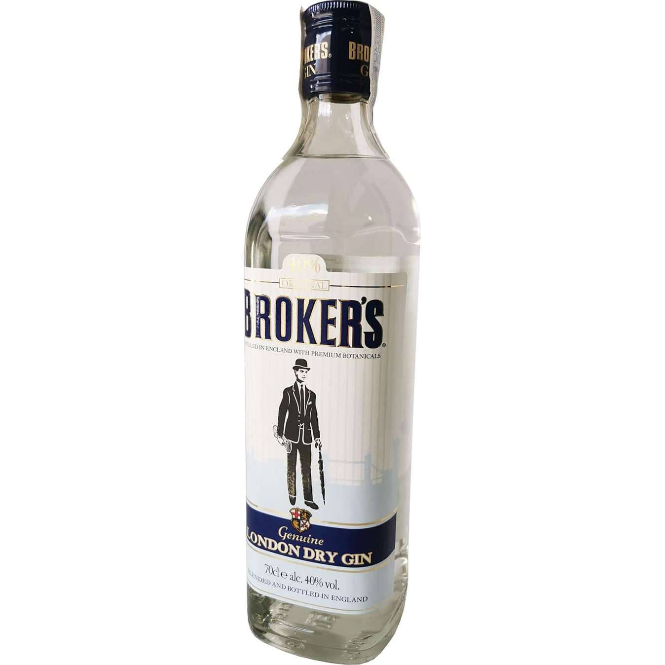 飲料 桌布 壁紙 — 一瓶透明的Broker's London Dry Gin玻璃瓶，標籤上有復古紳士插圖。