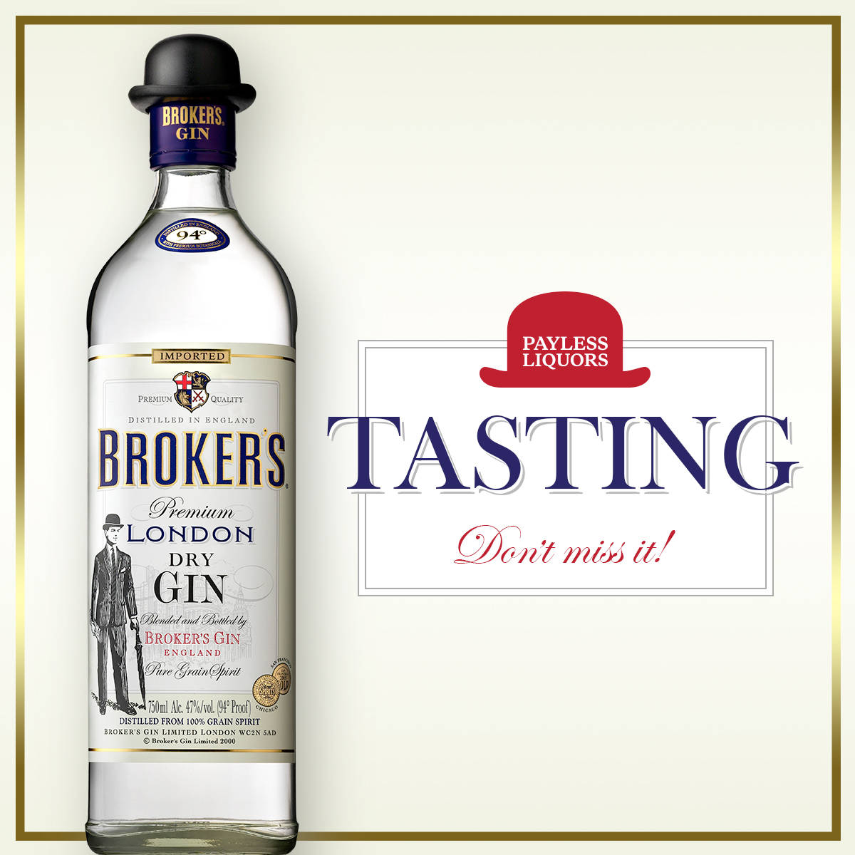 bottle 桌布 壁紙 — 一瓶透明的Broker's Premium London Dry Gin，帶有高帽標誌，旁邊是Payless Liquors的「TASTING」標牌。