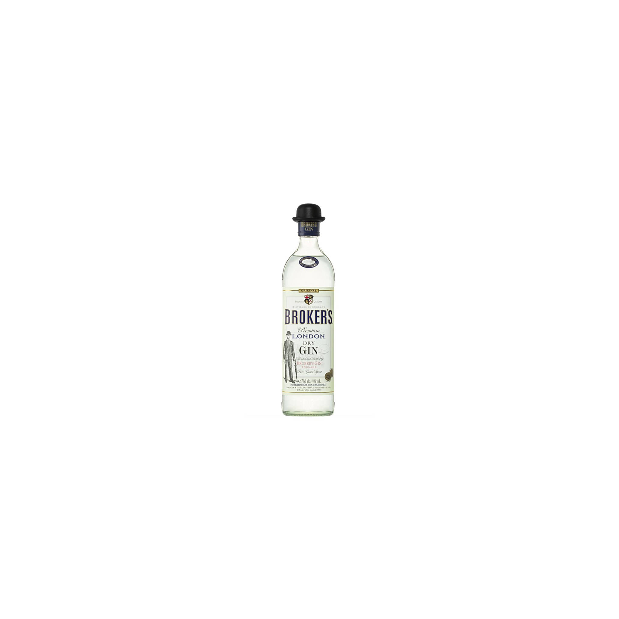 飲料 桌布 壁紙 — 一瓶透明的Brokers London Dry Gin，帶有黑色瓶蓋和復古標籤，居中放置在純白色背景上。