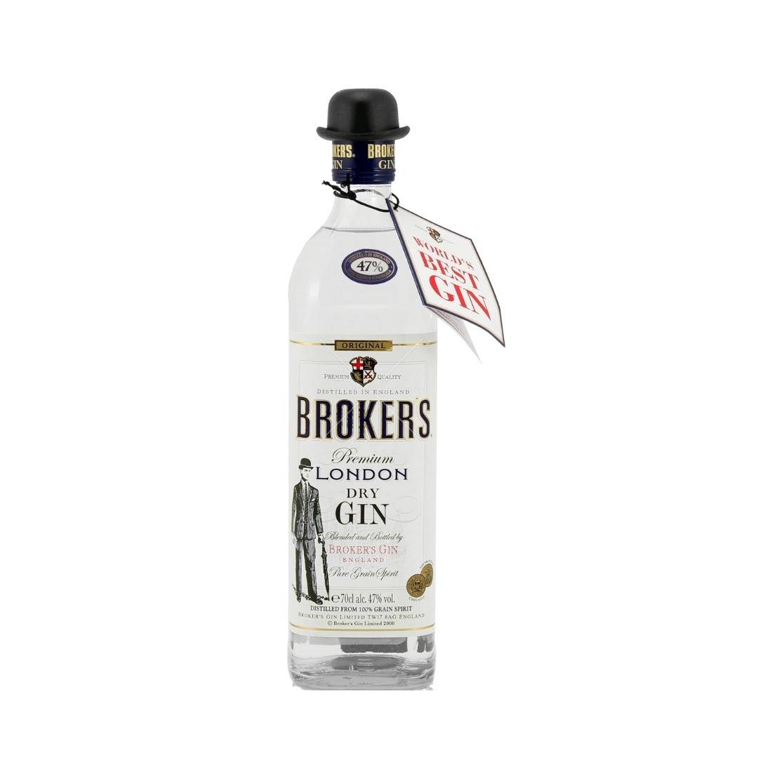 飲料 桌布 壁紙 — 一瓶透明的Brokers Premium London Dry Gin玻璃瓶，帶有黑色圓頂硬禮帽蓋和標籤，上面寫著「World's Best Gin」，背景為白色。