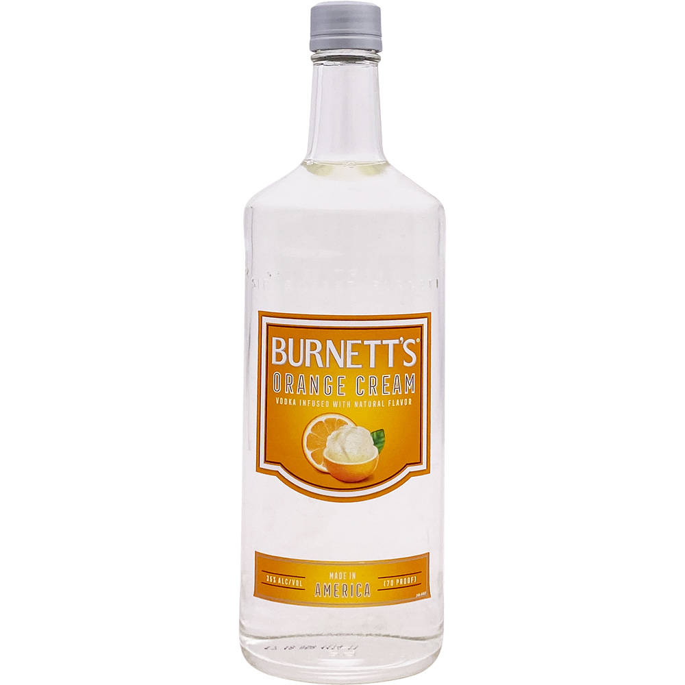 drinks 桌布 壁紙 — 一瓶透明的Burnett's Orange Cream伏特加玻璃瓶，帶有橙色和奶油色標籤，立在白色背景前。