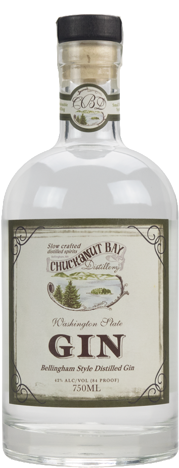 Product 桌布 壁紙 — 一瓶透明的Chuckanut Bay Gin玻璃瓶，帶有復古標籤，上面有樹木和山脈圖案。