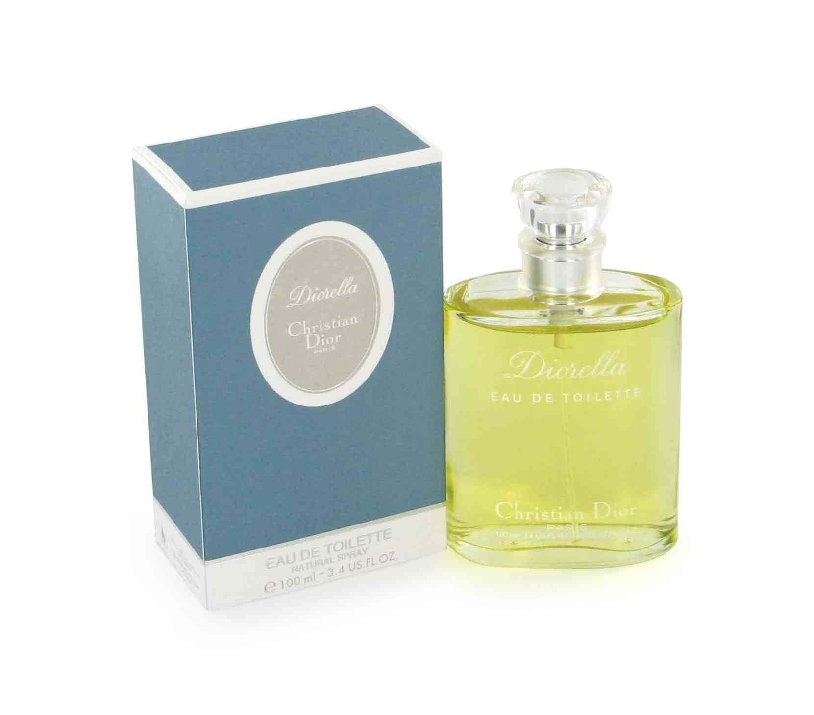 Dior 動態 桌布 壁紙 — 一瓶透明的Dior Diorella淡香水玻璃瓶，內有淡黃色液體，放在其藍白盒子旁邊，背景為純白色。