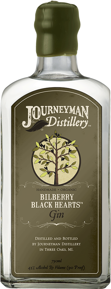 Gin 桌布 壁紙 — 一瓶透明的Journeyman Distillery Bilberry Black Hearts Gin玻璃瓶，帶有綠色瓶蓋和詳細的樹木設計標籤。