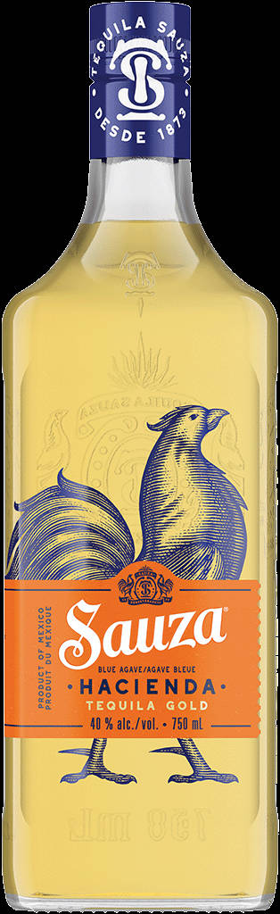 高清 桌布 壁紙 — 一瓶透明的Sauza Hacienda Tequila Gold，帶有藍色公雞插圖和橙色標籤。