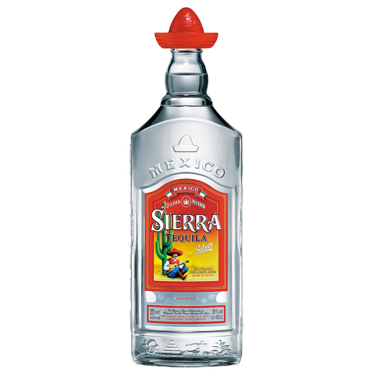 bottle 桌布 壁紙 — 一瓶透明的Sierra Tequila Silver玻璃瓶，帶有紅色闊邊帽瓶蓋和色彩繽紛的標籤，標籤上有一個在仙人掌背景下的墨西哥街頭樂隊音樂家。