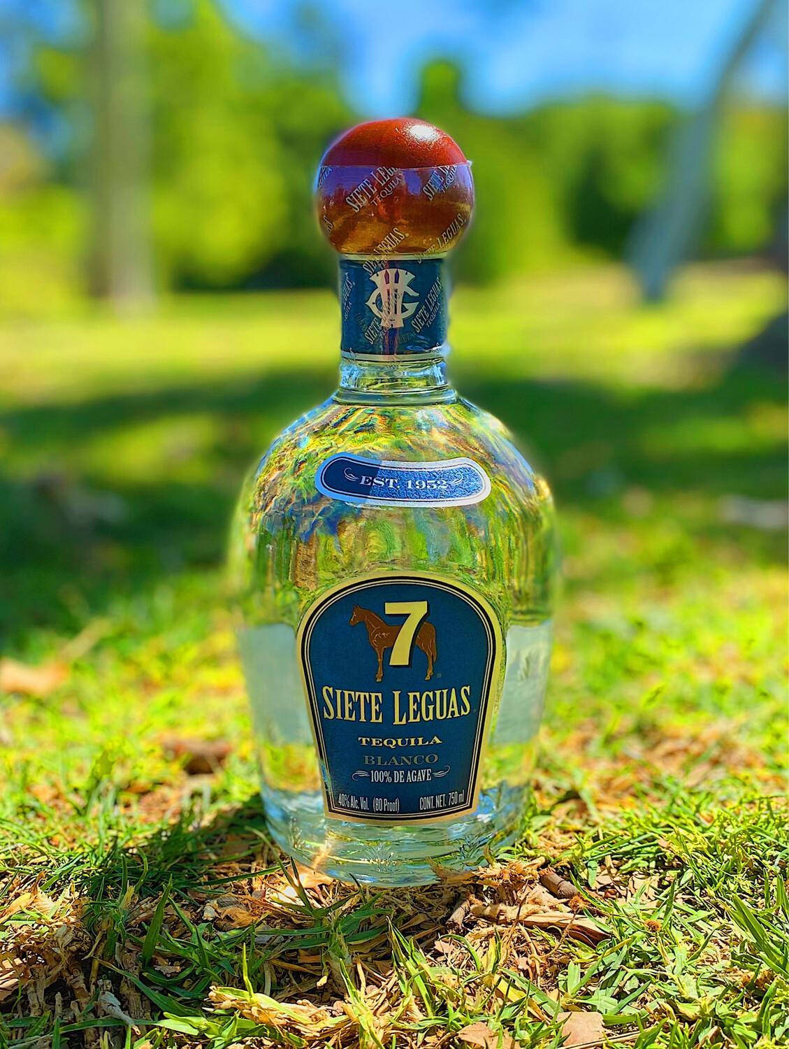 Best 桌布 壁紙 — 一瓶透明的Siete Leguas龍舌蘭酒放在陽光照耀的草地上，背景是模糊的綠樹。