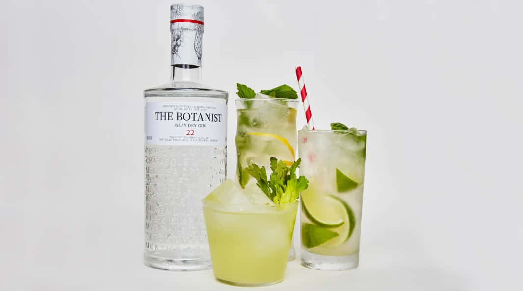 drinks 桌布 壁紙 — 一瓶透明的The Botanist琴酒旁邊放著三杯清新的雞尾酒，飾以萊姆、薄荷和冰塊，背景為純白色。