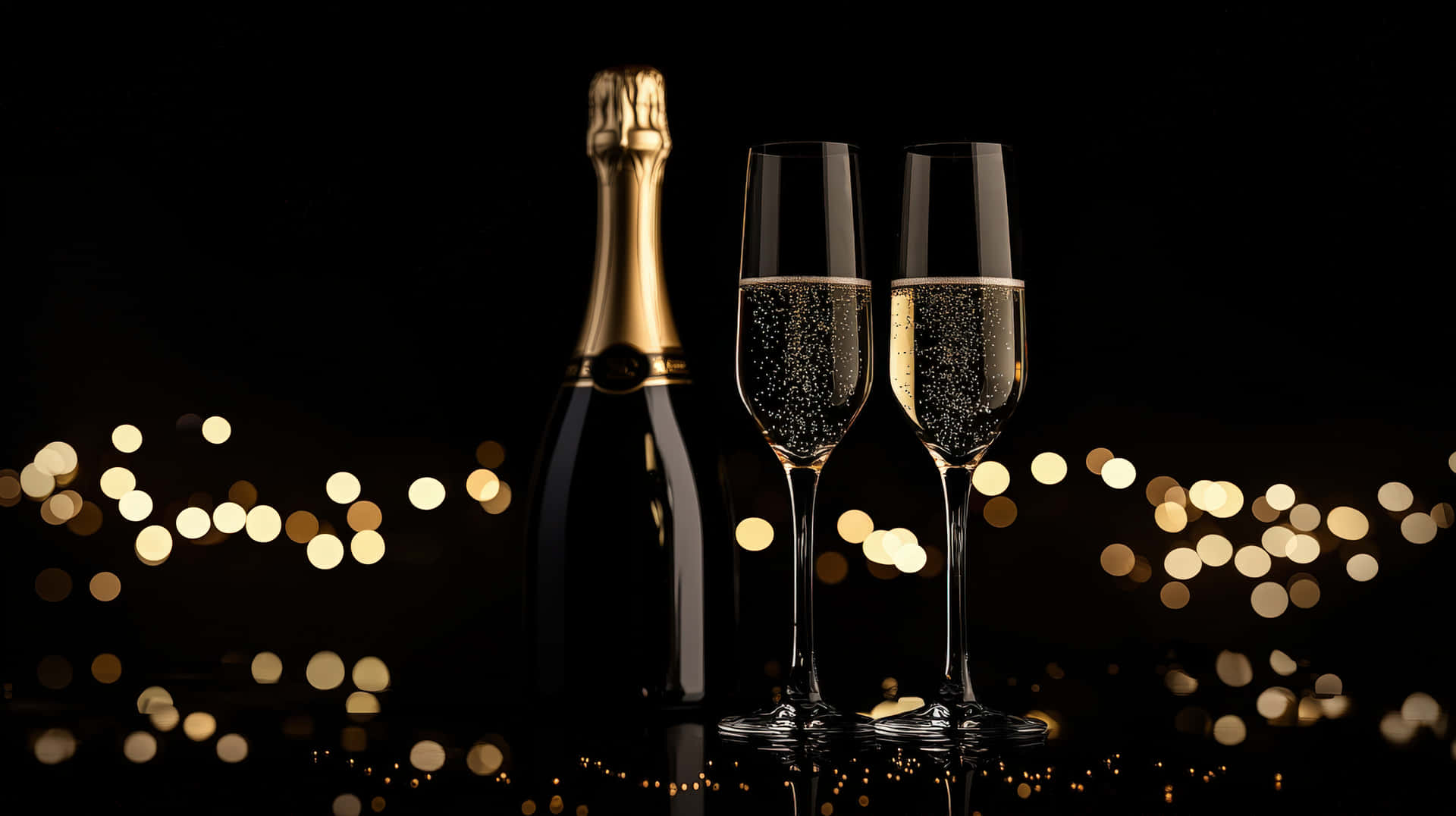 A sophisticated setting featuring a golden champagne bottle and two sparkling glasses 壁紙 — 一瓶香檳和兩個裝滿的酒杯在黑色背景上閃爍，帶有金色散景燈光。