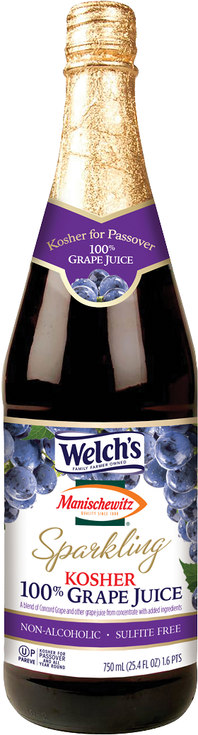 葡萄 桌布 壁紙 — 一瓶高身的 Welch's 氣泡猶太葡萄汁，帶有金色箔蓋和紫色標籤，背景為黑色。