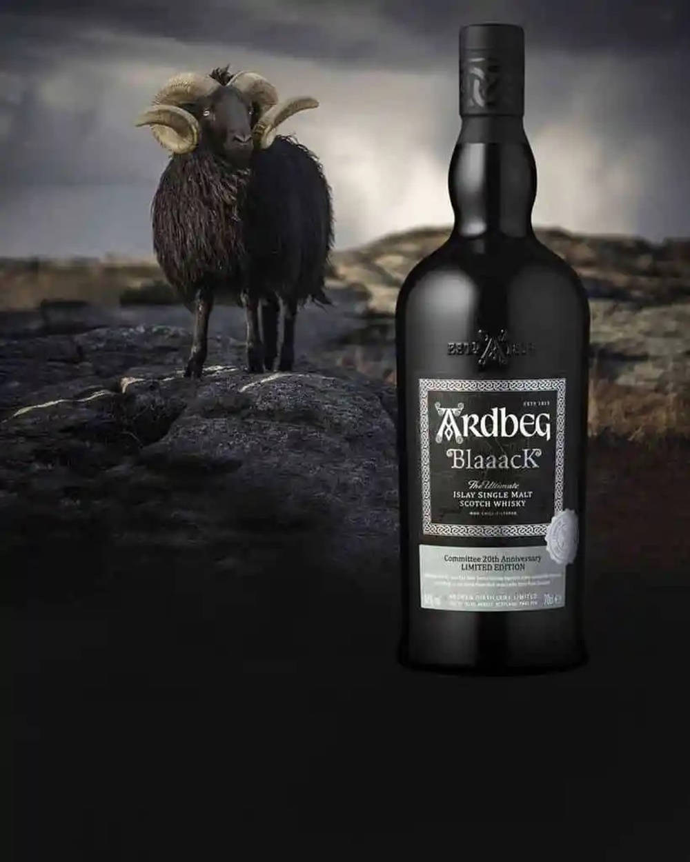 drinks 桌布 壁紙 — 一瓶黑色的Ardbeg Blaaack威士忌，站在一隻有彎曲角的深色羊毛公羊旁邊，背景是風暴中的岩石露頭。