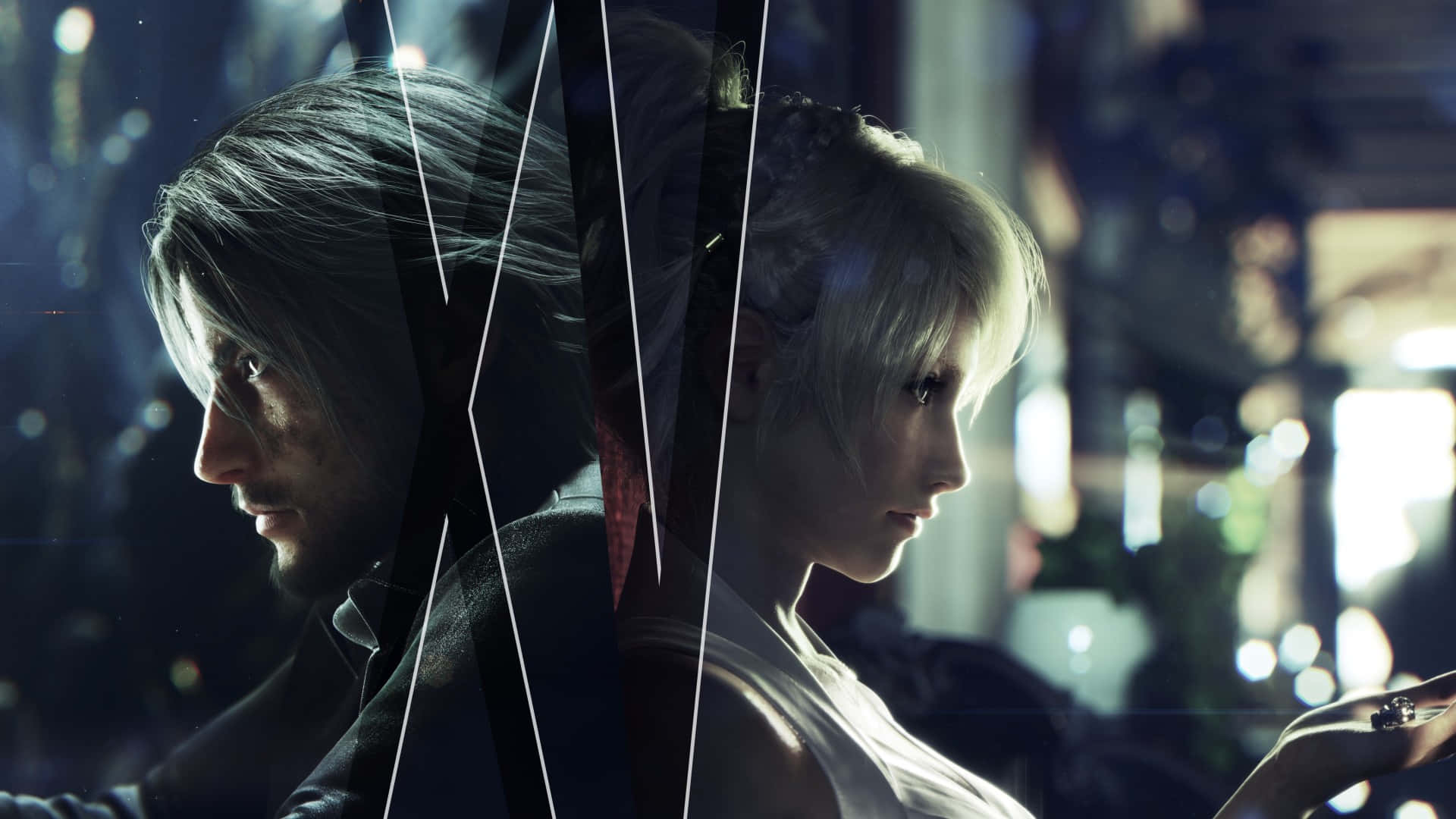 noctis lucis caelum 桌布 壁紙 — 一男一女側面相對，隔著發光的玻璃屏障，處於昏暗的未來主義環境中。