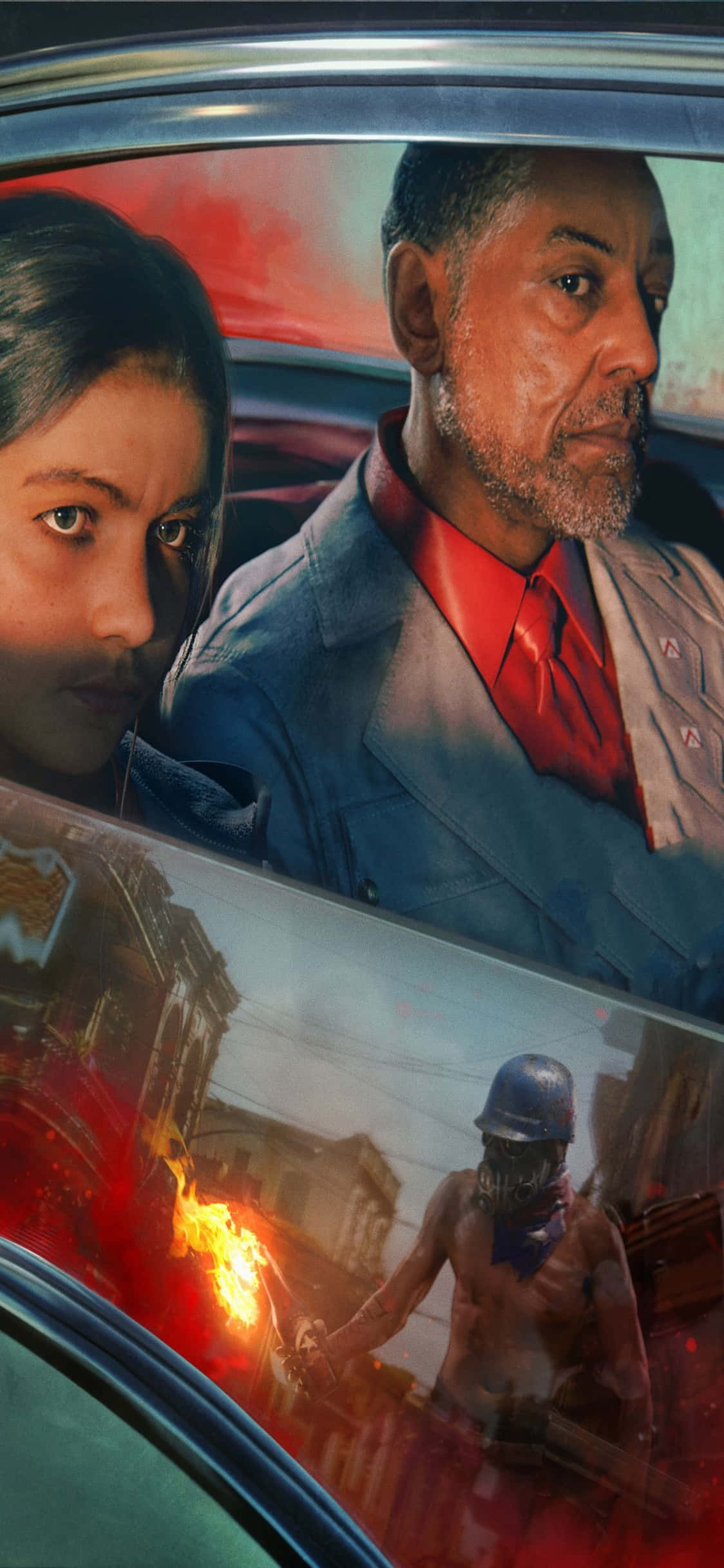 iPhone X Far Cry 3 桌布 壁紙 — 一男一女在車內凝視前方，一個戴面具的人手持火炬出現在擋風玻璃的倒影中。