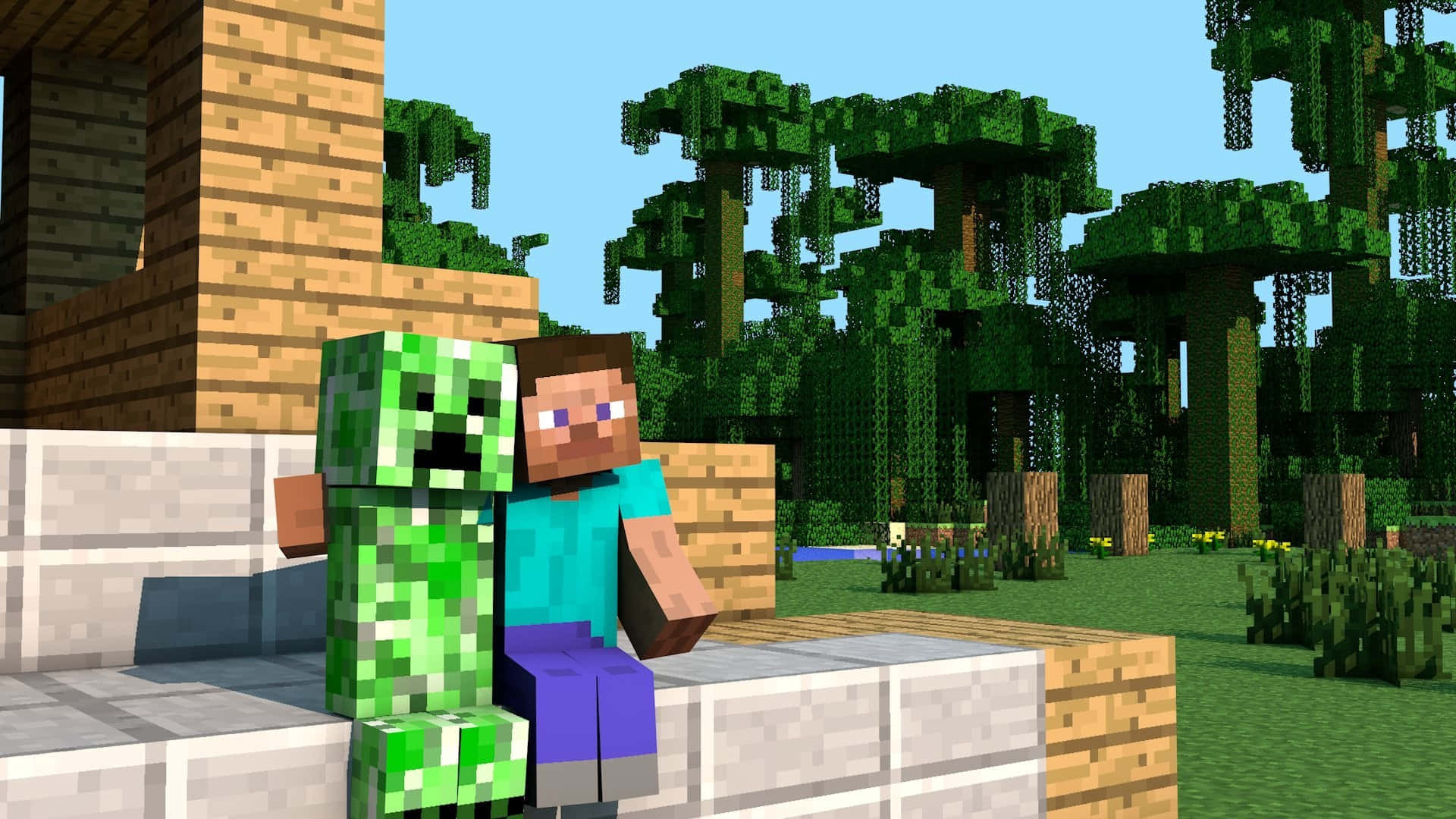 一男一女坐在 Minecraft 的長凳上 壁紙