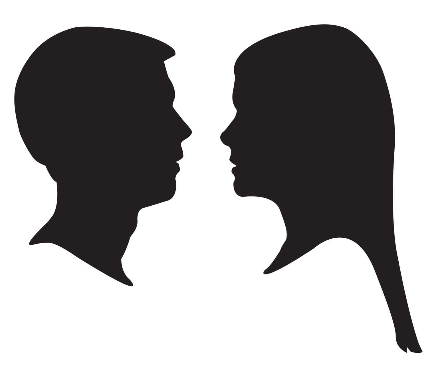 Silhouette 桌布 壁紙 — 一男一女的兩個黑色剪影，在純白背景上面對面。