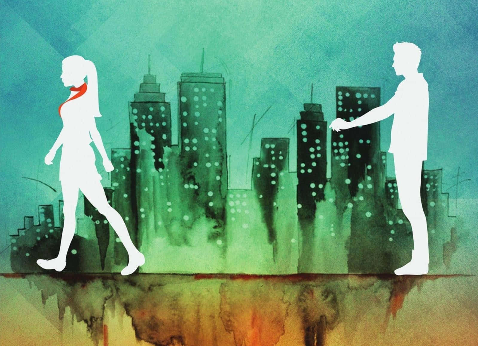情侶 桌布 壁紙 — 一男一女的剪影在一個風格化的城市景觀中分開行走，帶有藍綠色和棕色的水彩洗滌效果。