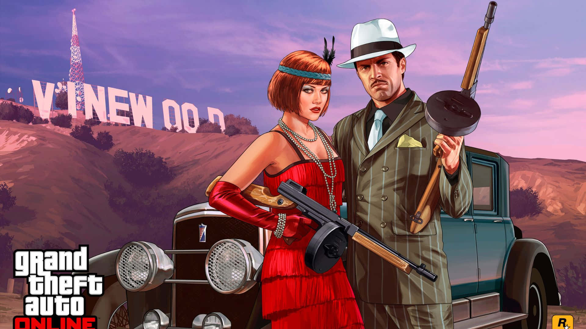 Grand Theft Auto V 桌布 壁紙 — 一男一女穿著1920年代服裝，站在一輛老爺車旁，手持武器，背景是好萊塢標誌。
