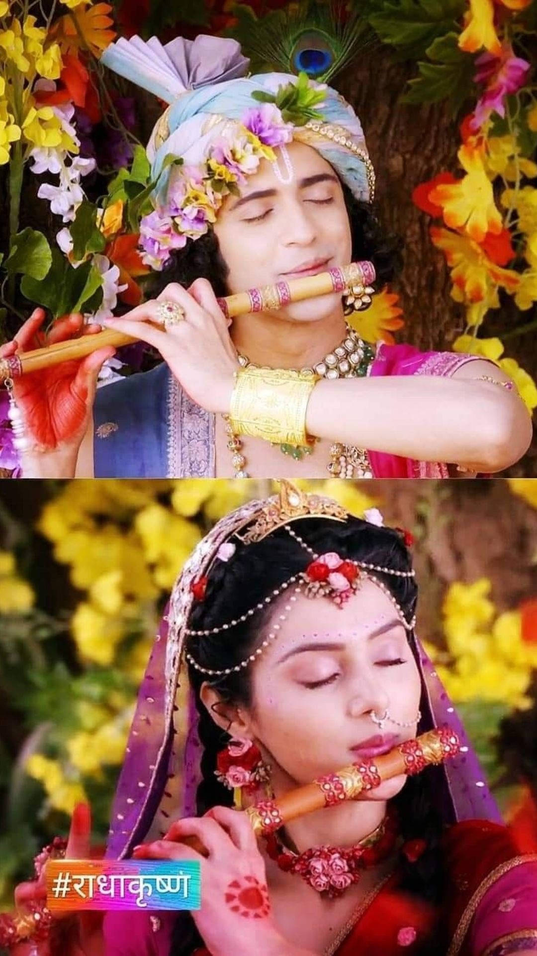 radha krishna serial 桌布 壁紙 — 一男一女穿著傳統印度服飾，在充滿活力的花卉環境中吹奏長笛。