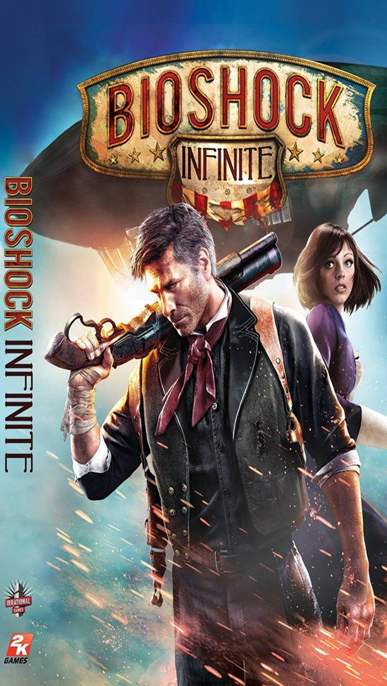 Bioshock Infinite iPhone 桌布 壁紙 — 一男一女穿著復古服裝，手持武器，背景是飛行的飛船和發光的天空。