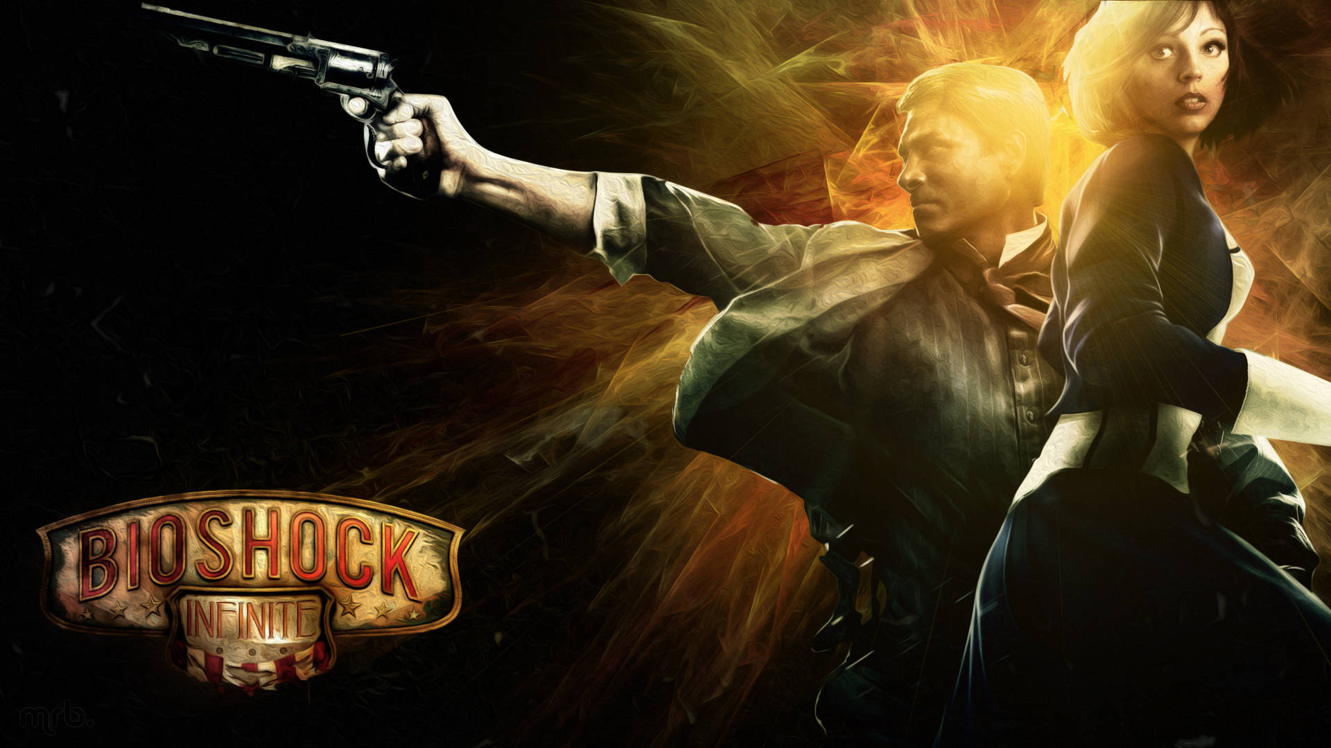 Bioshock Infinite Desktop 桌布 壁紙 — 一男一女穿著復古服裝，站在火熱的背景前，拔出手槍，並以Bioshock Infinite標誌框住。