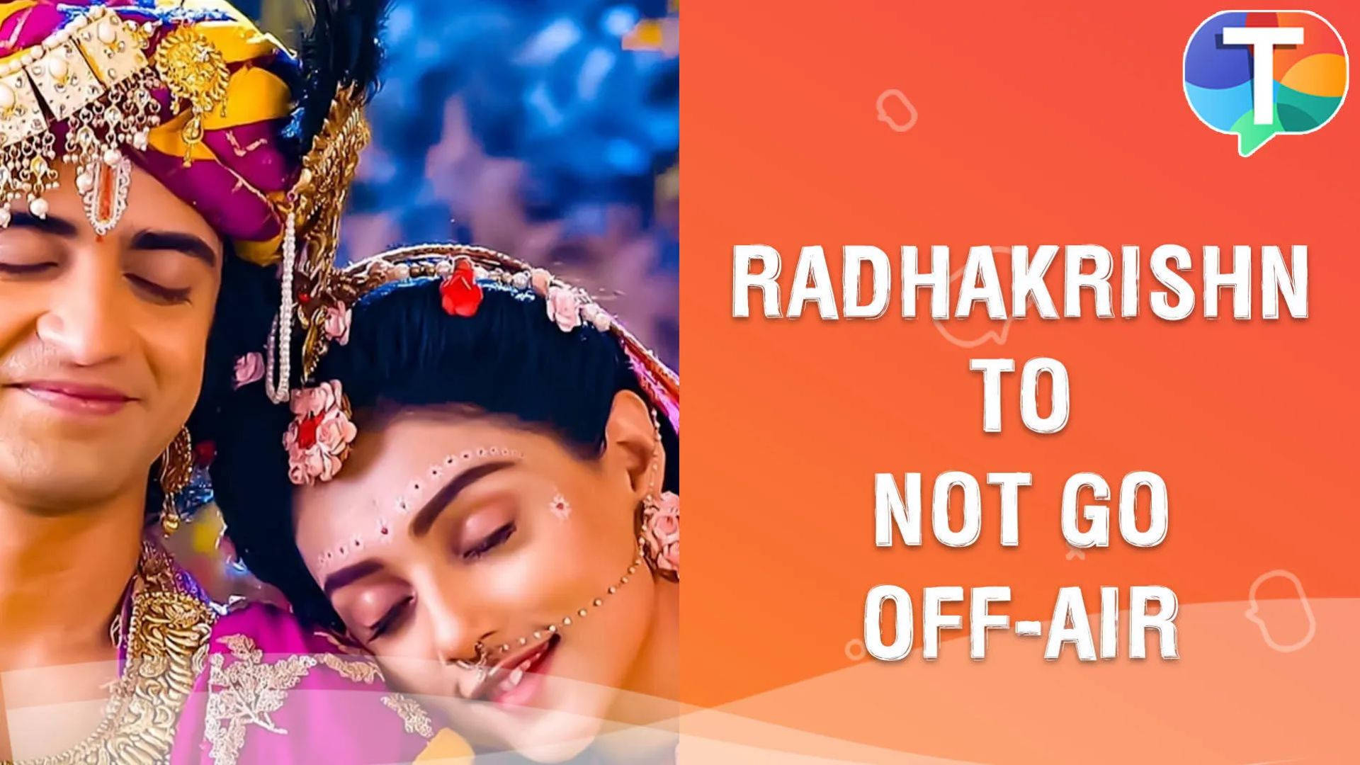 radha krishna serial 桌布 壁紙 — 一男一女穿著華麗的傳統印度服飾，閉著眼睛，在充滿活力的橙色背景上與文字分享親密時刻。