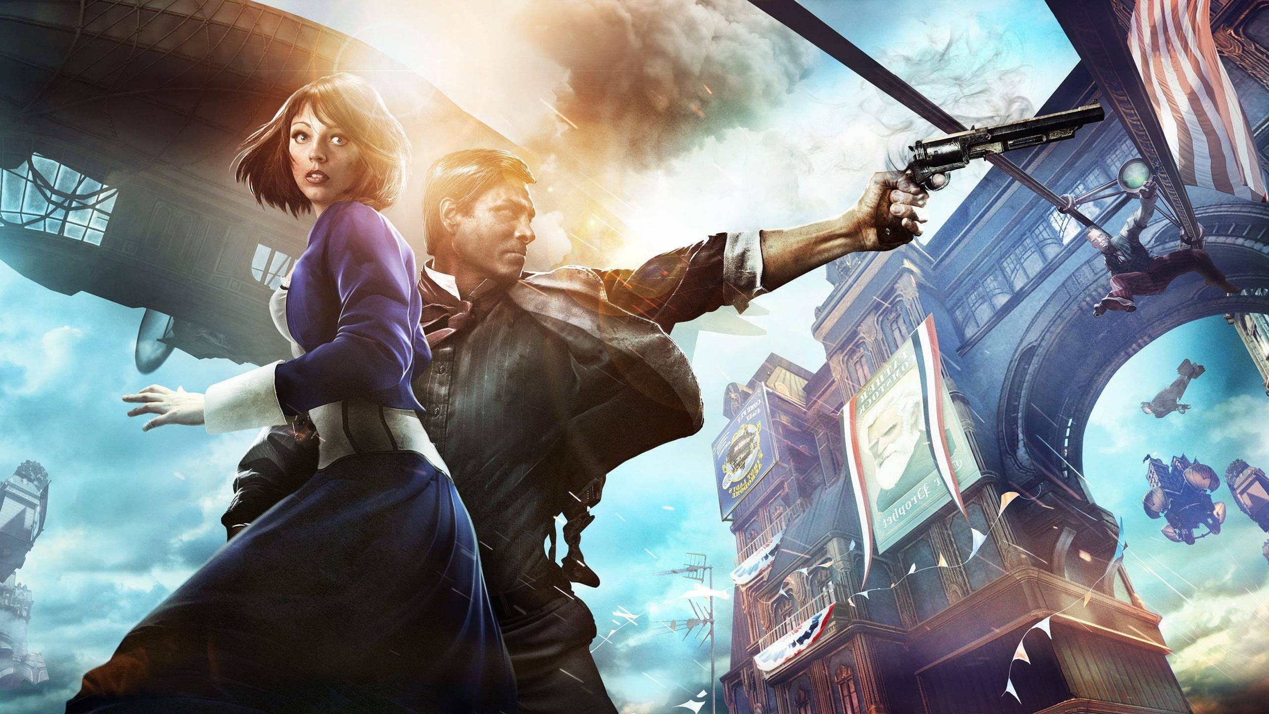 Bioshock Infinite Desktop 桌布 壁紙 — 一男一女身穿蒸氣龐克服裝，在明亮的天空下，英雄般地站在漂浮的飛船和高聳的建築物之間。