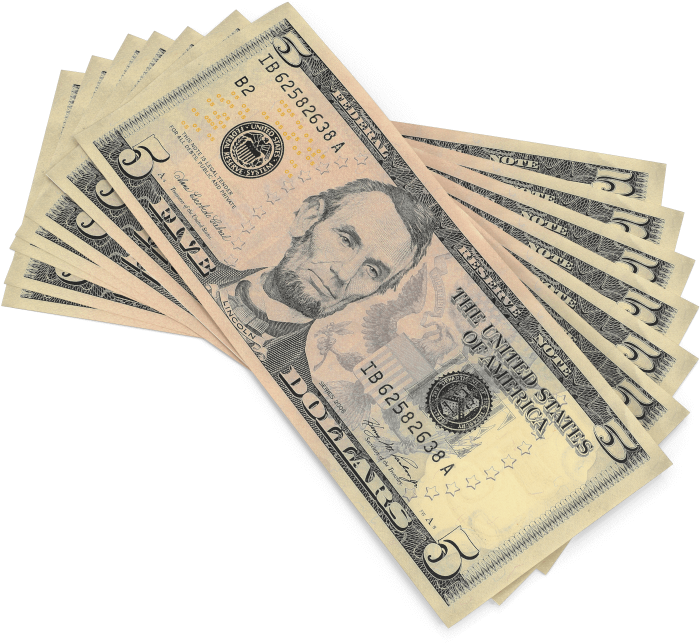 Dollar Bills 桌布 壁紙 — 一疊五美元鈔票呈扇形展開，亞伯拉罕·林肯的肖像在純黑背景上格外突出。