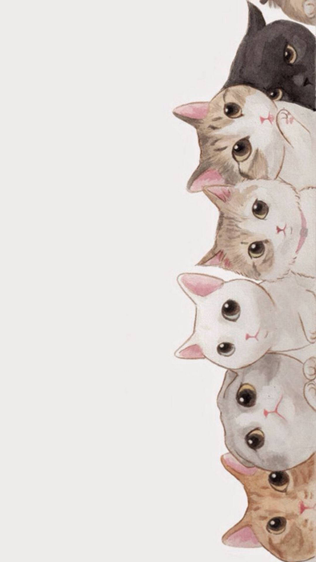 Cats 桌布 壁紙 — 一疊垂直的可愛插圖貓咪，有大眼睛和柔和的水彩毛髮，從邊緣探出頭來。