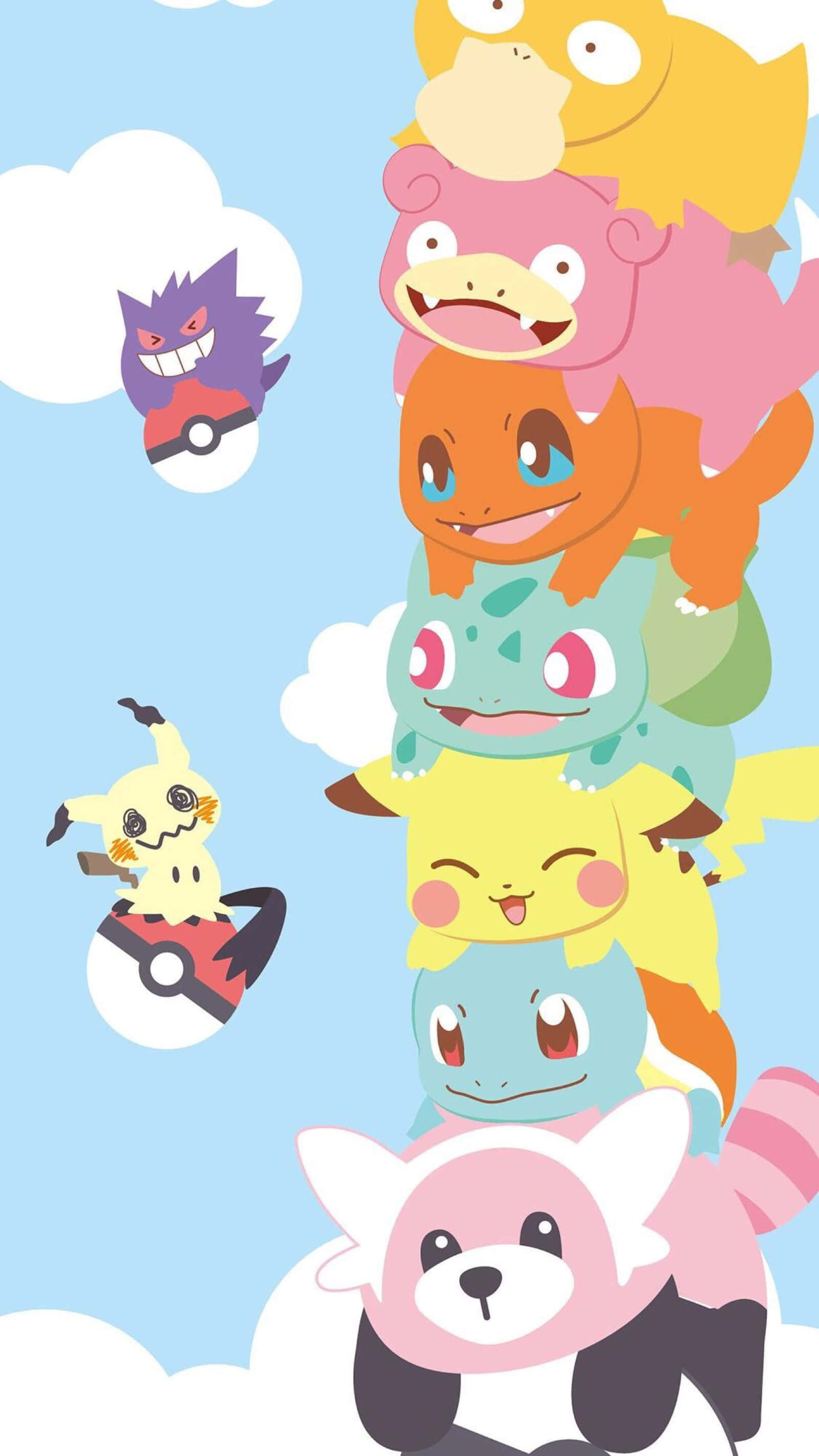 Pokemon Fan Art 桌布 壁紙 — 一疊標誌性的寶可夢角色，在明亮的藍天和蓬鬆的白雲襯托下，顯得十分歡快。