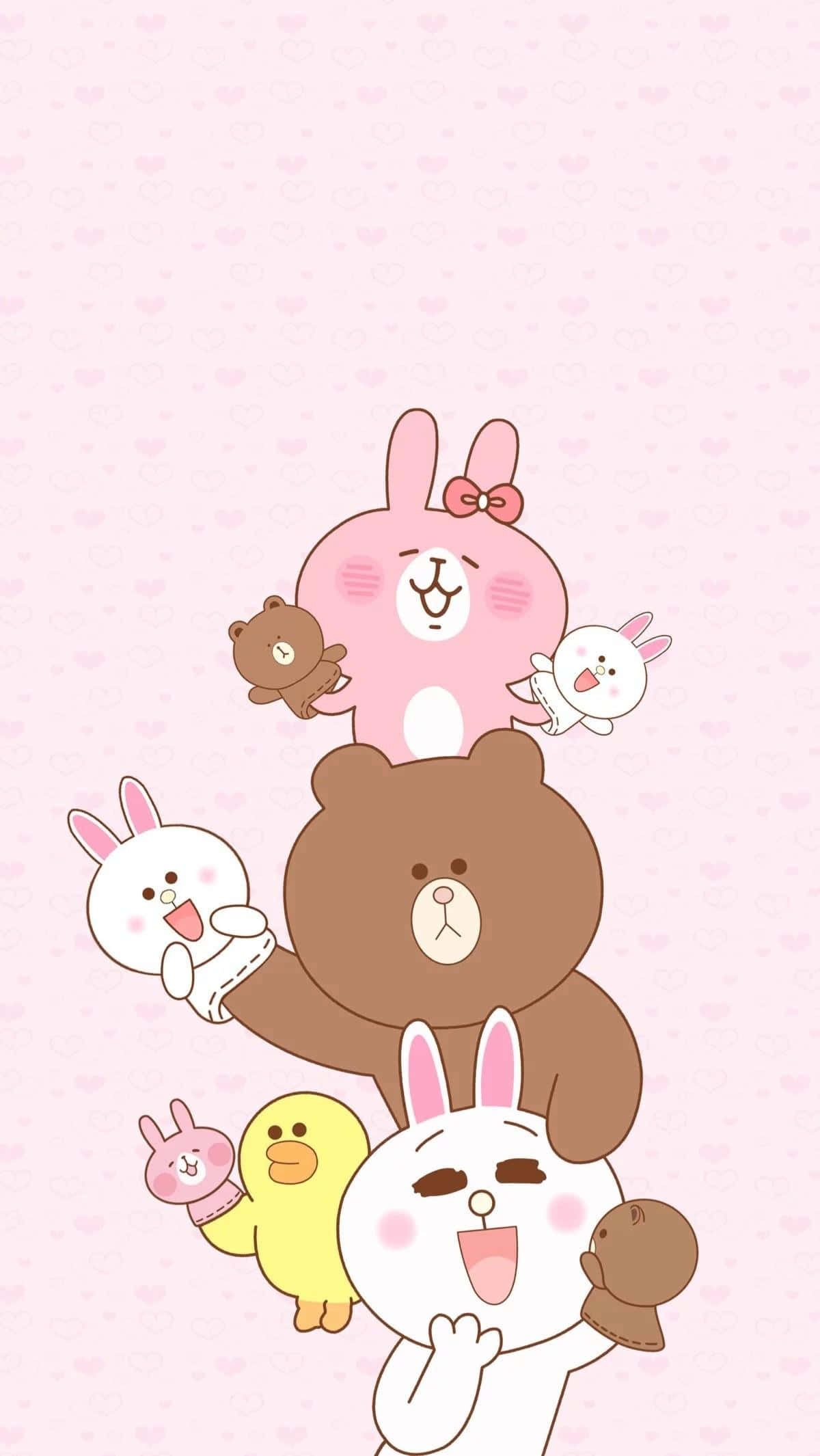 Cute Cartoon 桌布 壁紙 — 一疊歡樂的卡通動物，包括粉紅兔、棕熊和白兔，背景是粉紅心形圖案。