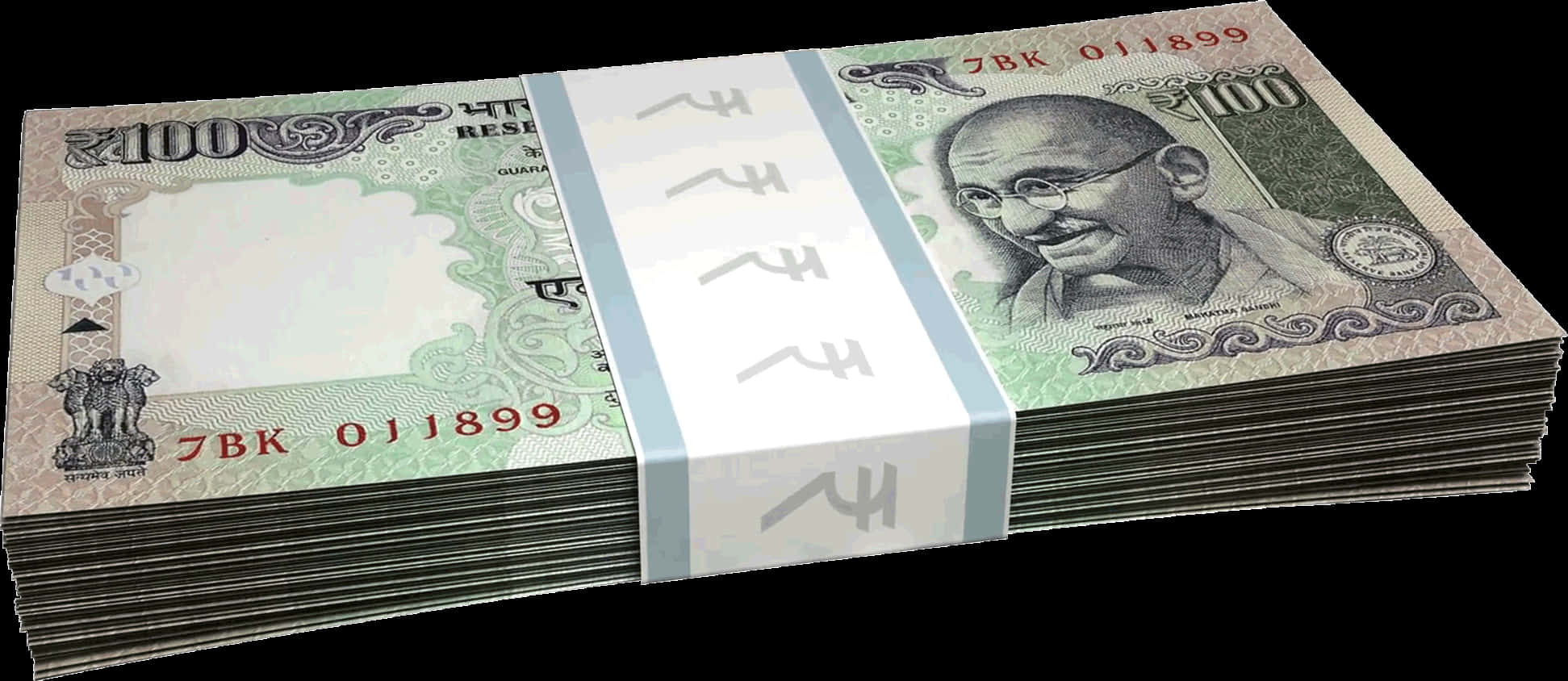 Money Stack 桌布 壁紙 — 一疊疊印度100盧比紙幣，用白色綁帶捆紮，放在黑色背景上。