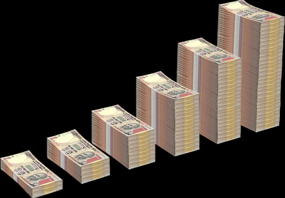 金錢 桌布 壁紙 — 一疊疊印度盧比鈔票在黑色背景上以遞增順序排列，像金融長條圖。