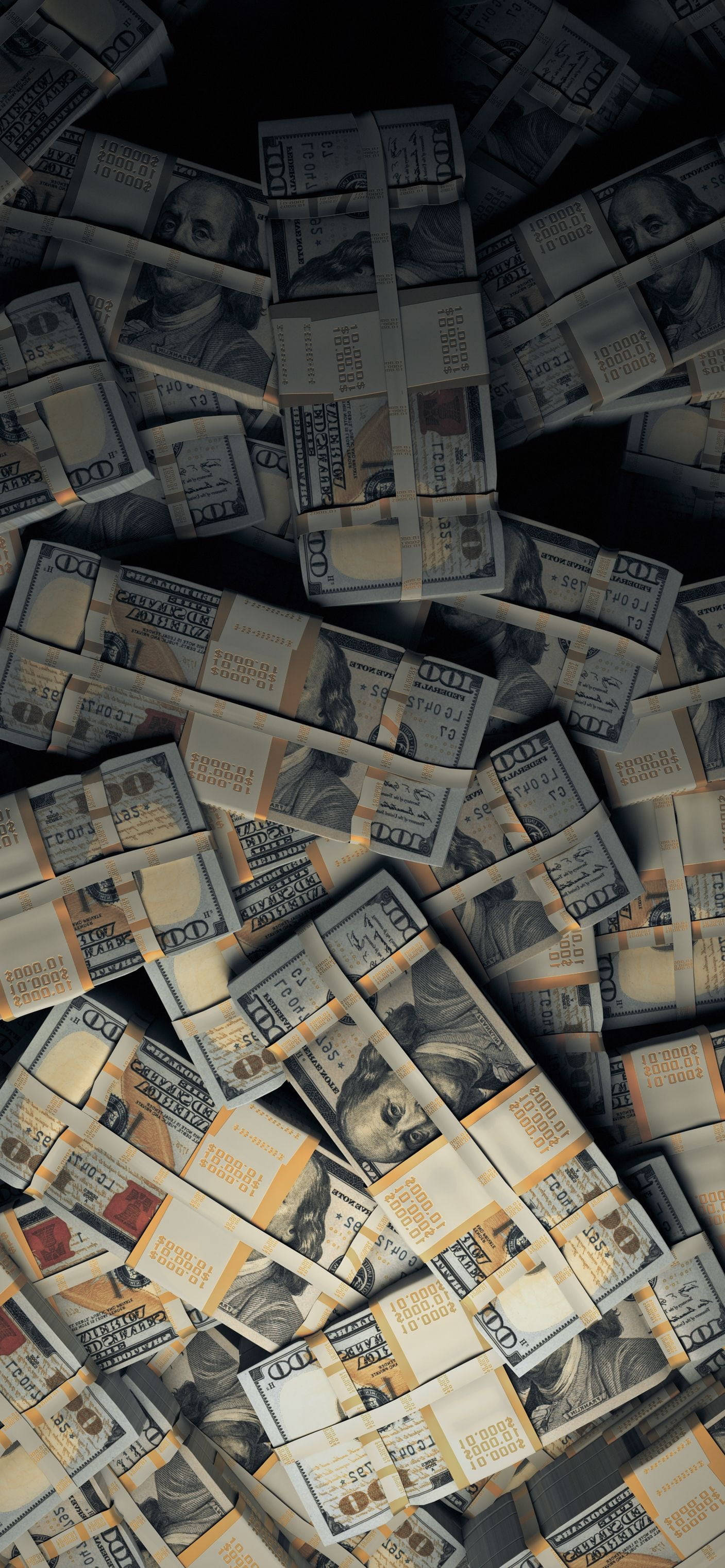 money iPhone 桌布 壁紙 — 一疊疊捆綁的百元美鈔在黑暗陰影中堆積如山，營造出巨大財富的感覺。