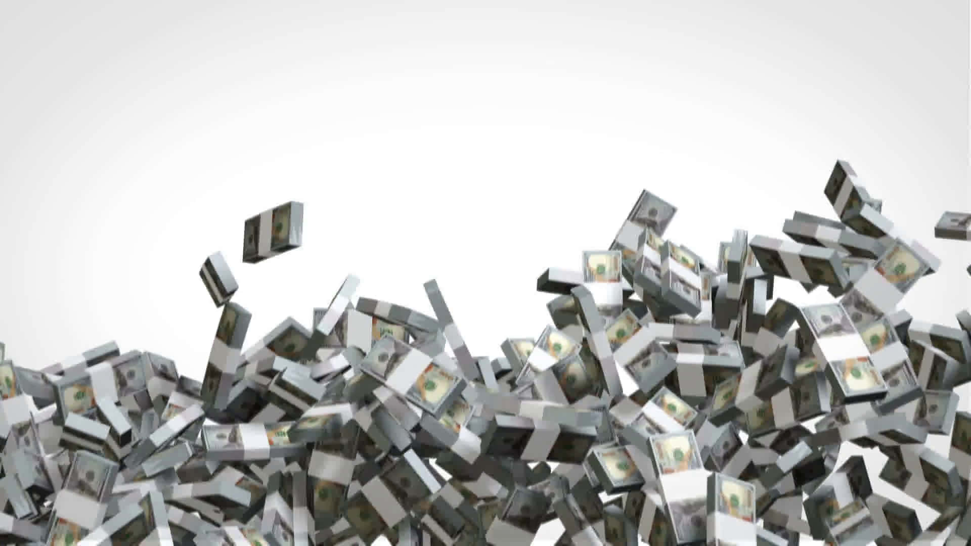 Money Falling 桌布 壁紙 — 一疊疊美元鈔票在純白色背景上以3D渲染場景動態地傾瀉而下。