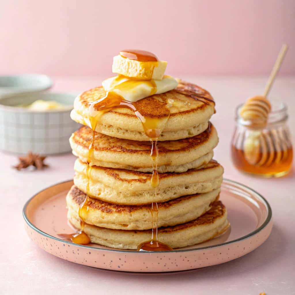 Golden stack of fluffy pancakes drizzled with honey and butter 壁紙 — 一疊高高的金黃色鬆餅，淋上蜂蜜並放上融化奶油，置於粉紅色斑點盤子上。