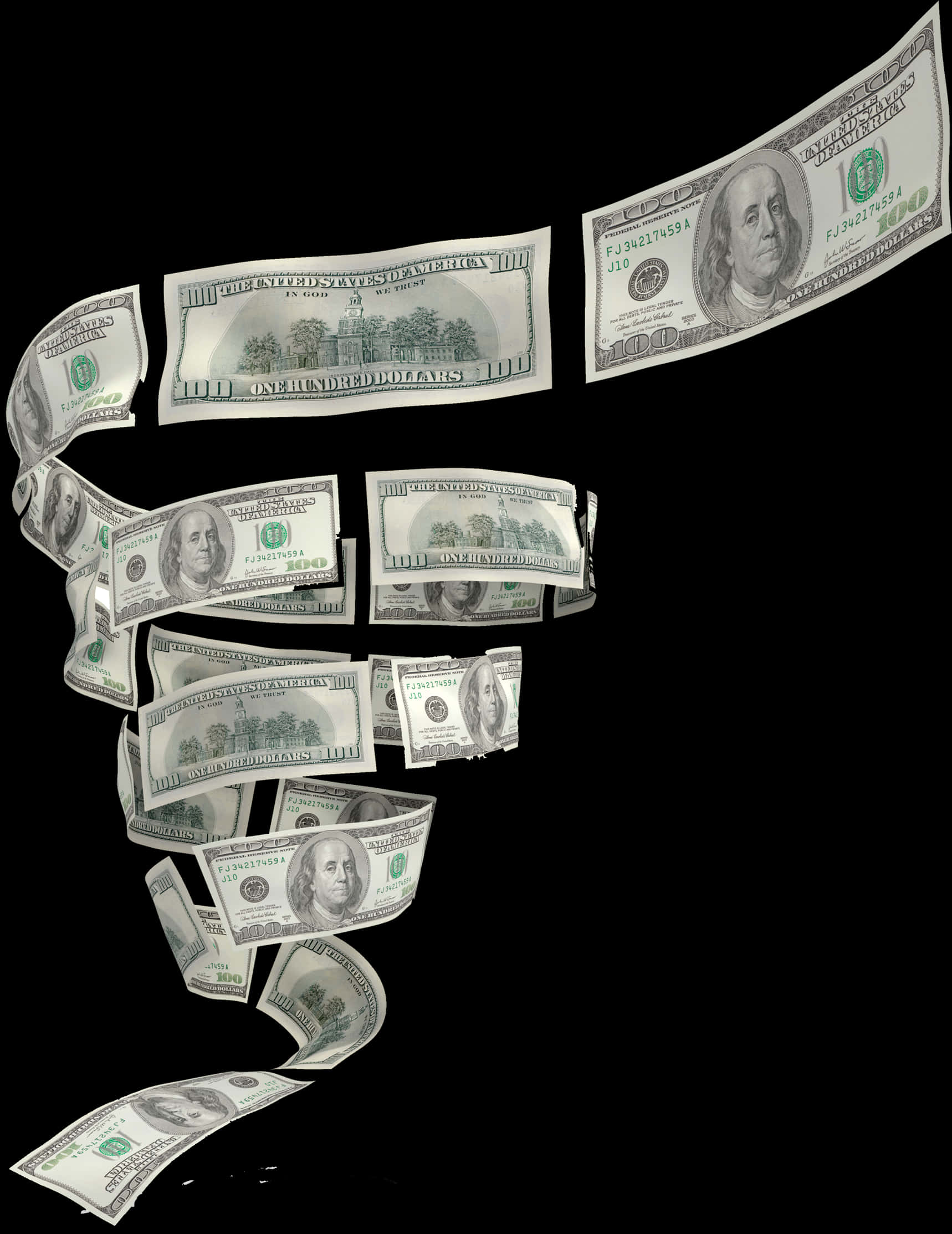 Money Flying 桌布 壁紙 — 一百美元鈔票在3D渲染的金融漩渦中，在純黑背景下動態旋轉。