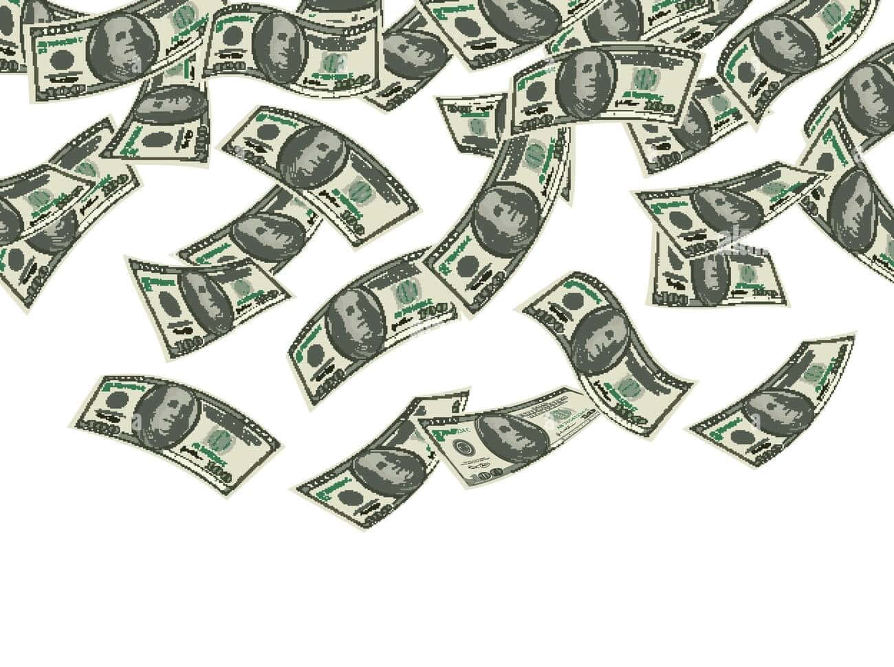 Money Falling 桌布 壁紙 — 一百美元鈔票在數位插圖中，在純白背景上動態地傾瀉而下。