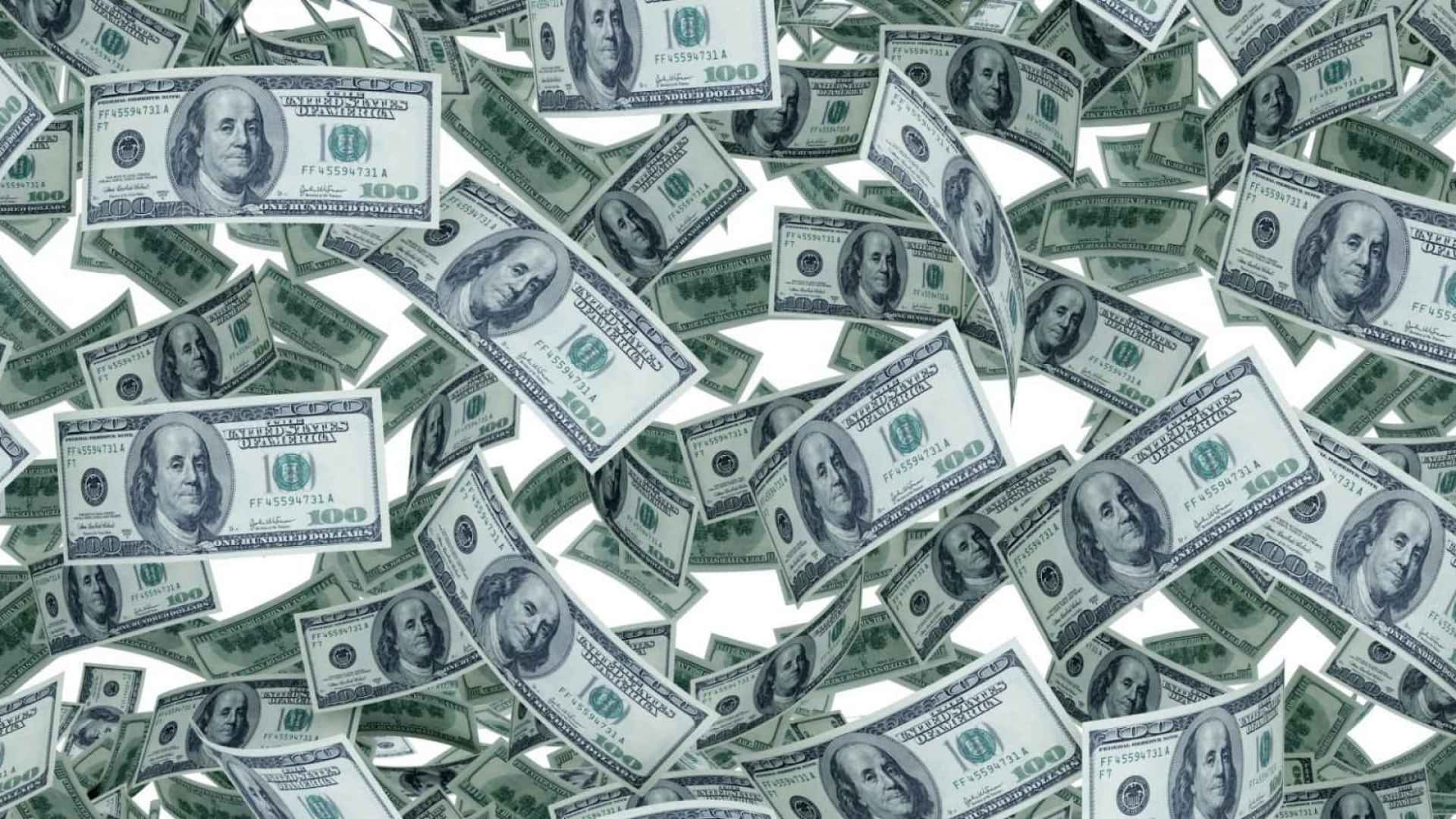 Money Falling 桌布 壁紙 — 一百美元鈔票在純白背景上如混亂的暴風雪般飄落。