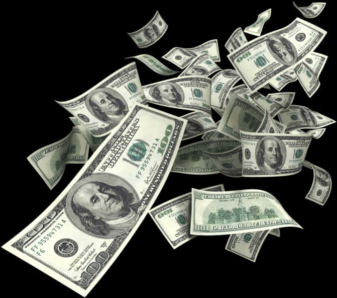 Money Flying 桌布 壁紙 — 一百美元鈔票在純黑背景上動態地層疊落下，營造出突然的財富和豐裕感。
