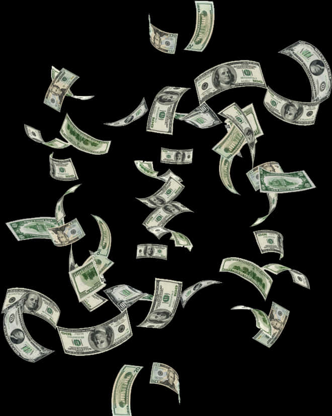 Money Flying 桌布 壁紙 — 一百美元鈔票在純黑背景上動態飄揚，營造出突然致富或橫財的感覺。