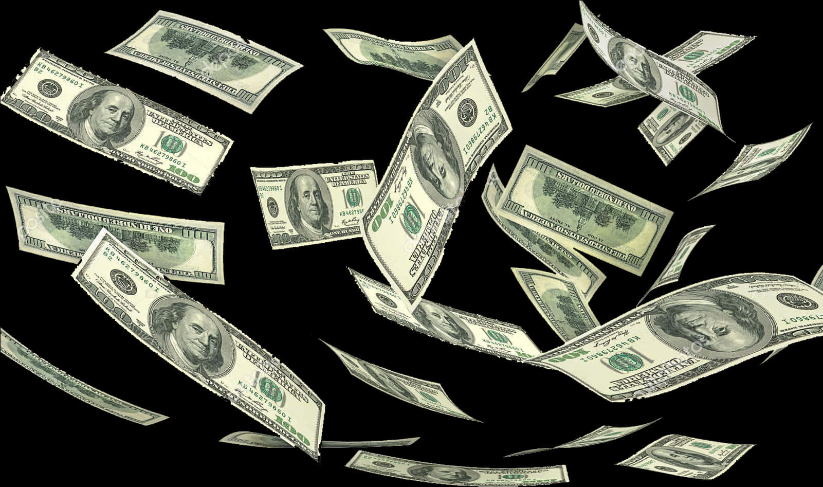 Money Flying 桌布 壁紙 — 一百美元鈔票在純黑背景上動態飄揚，營造出突然致富或財務豐裕的感覺。