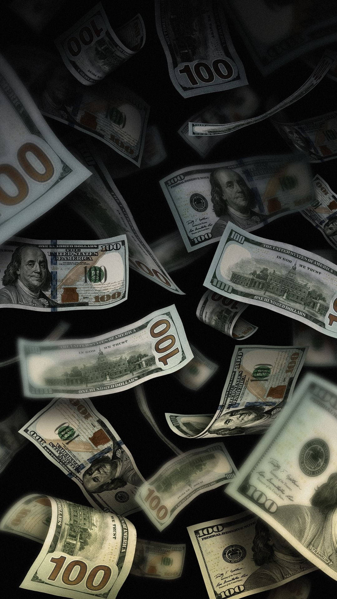 money iPhone 桌布 壁紙 — 一百美元鈔票在黑暗虛空中伴隨動態模糊和戲劇性燈光如雨般落下。