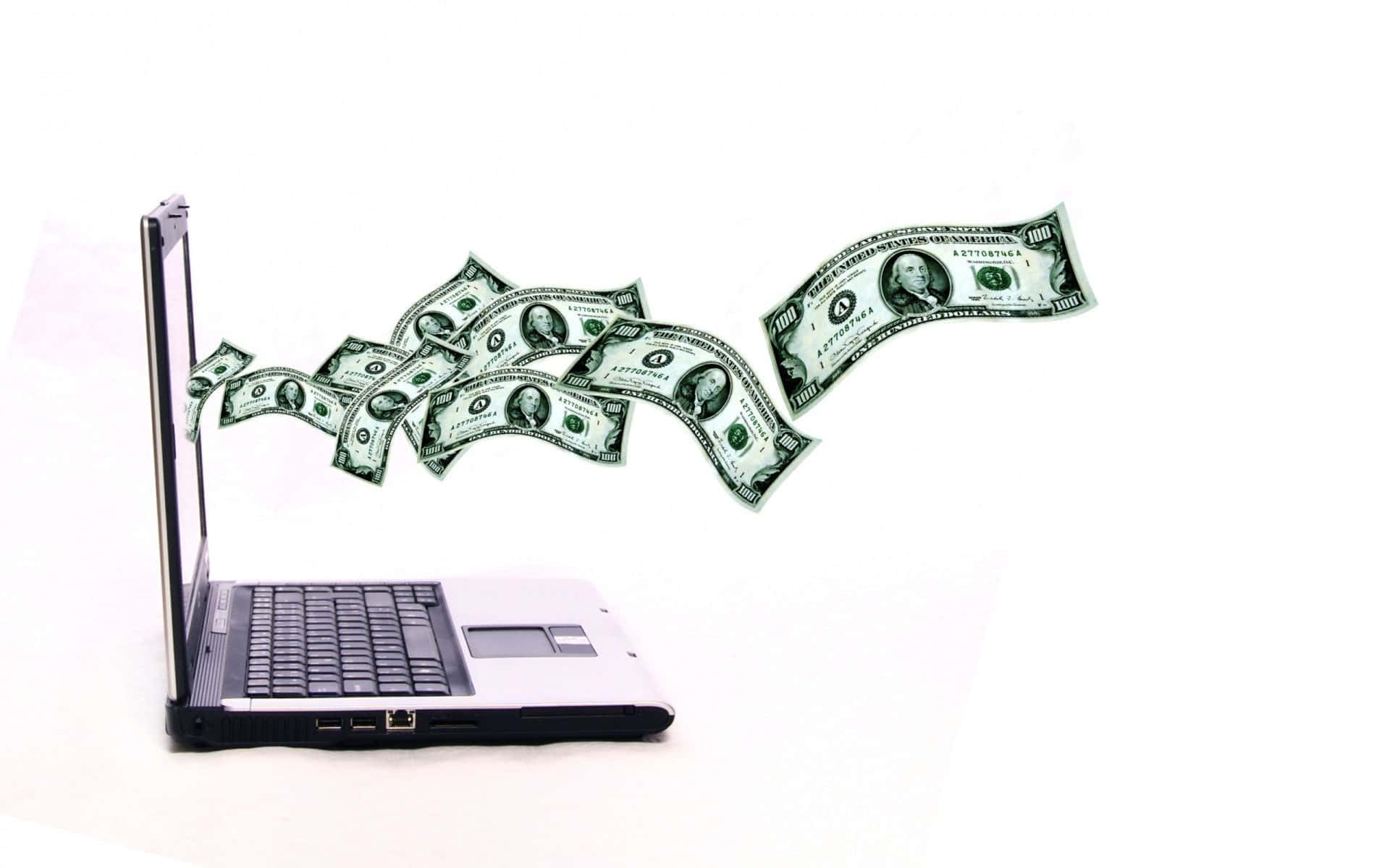 Falling Money 桌布 壁紙 — 一百美元鈔票從打開的筆記型電腦中戲劇性地流出，背景是純白色。